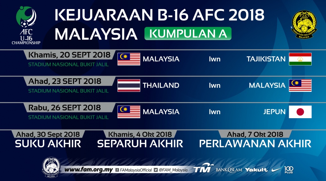 JADUAL PERLAWANAN MALAYSIA PADA KEJUARAAN B-16 AFC 2018 DI KUALA LUMPUR