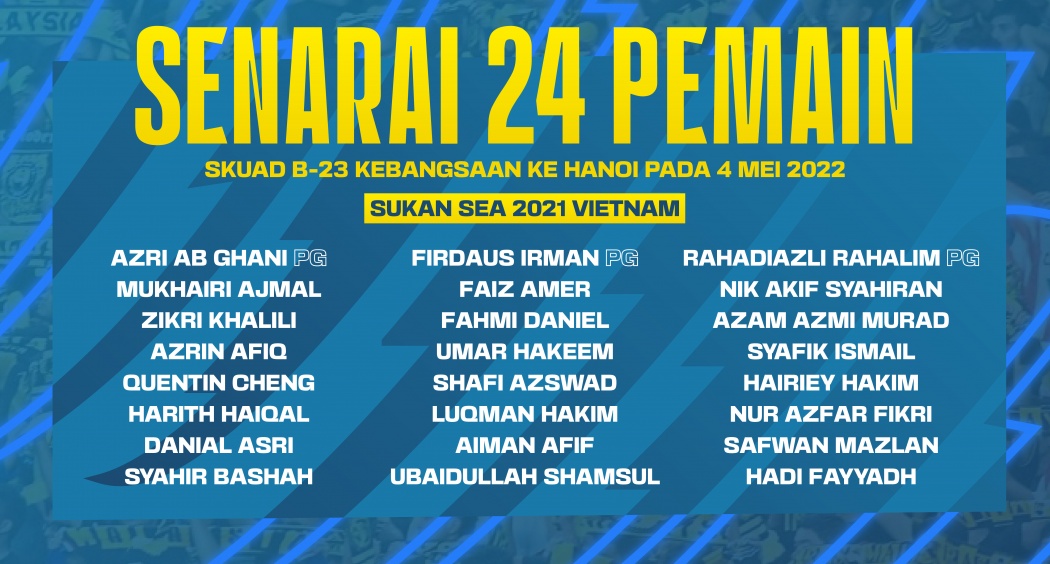SENARAI 24 PEMAIN SKUAD B-23 KEBANGSAAN KE HANOI, VIETNAM BAGI MENGHADAPI SUKAN SEA 2021